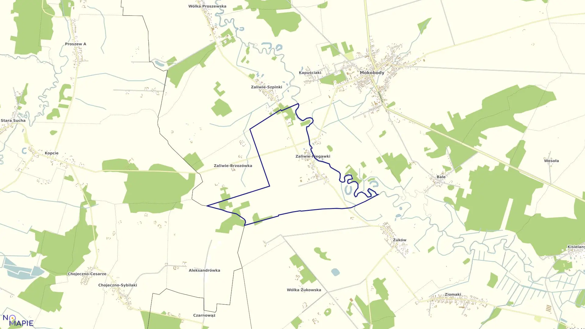 Mapa obrębu ZALIWIE-PIEGAWKI w gminie Mokobody